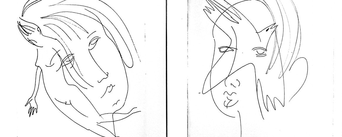 Обличчя з птахами та фігурами людей намальовані олівцем на білому тлі.