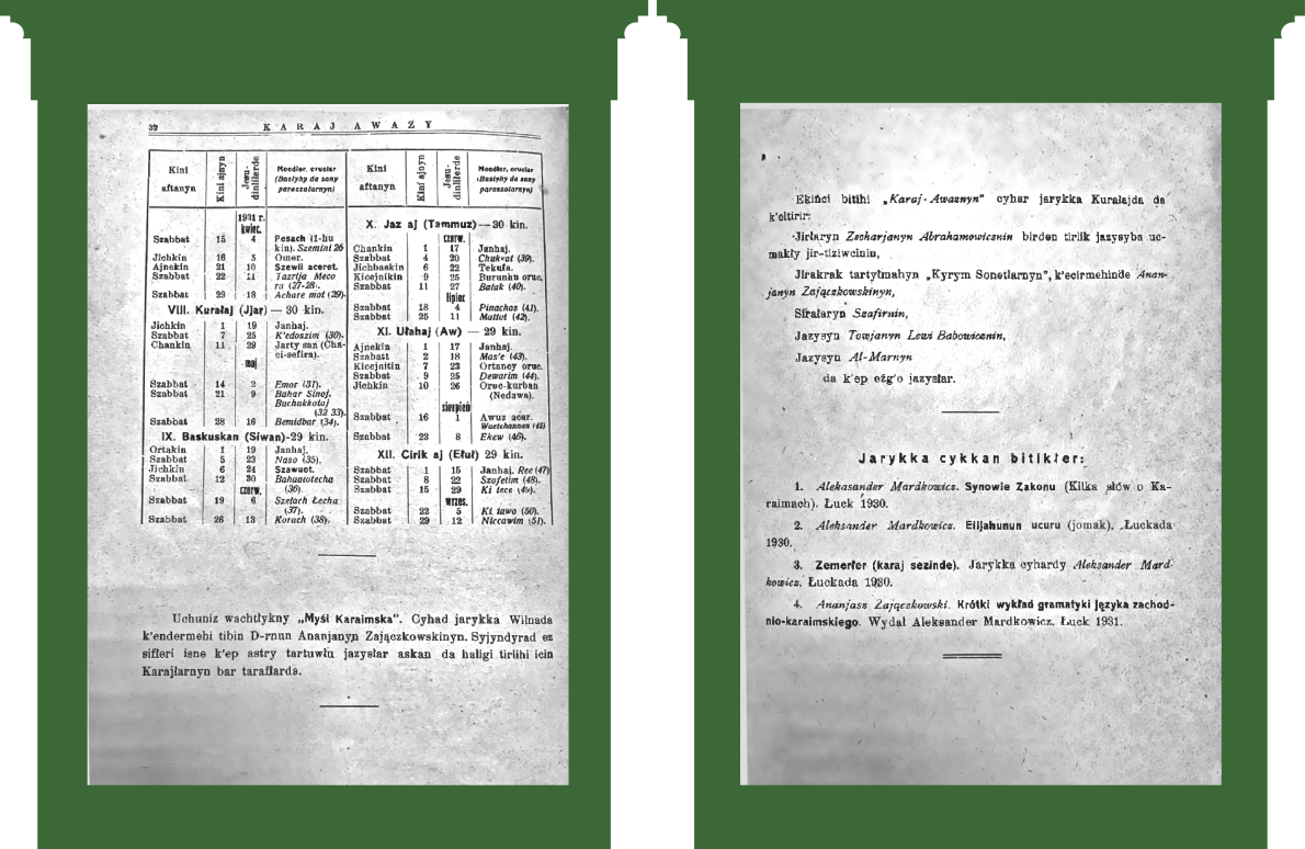 С. 32 Продовження караїмського календаря 5691 року (1930 — 1931 рр.). С. 33: Список опублікованих видань караїмською мовою.