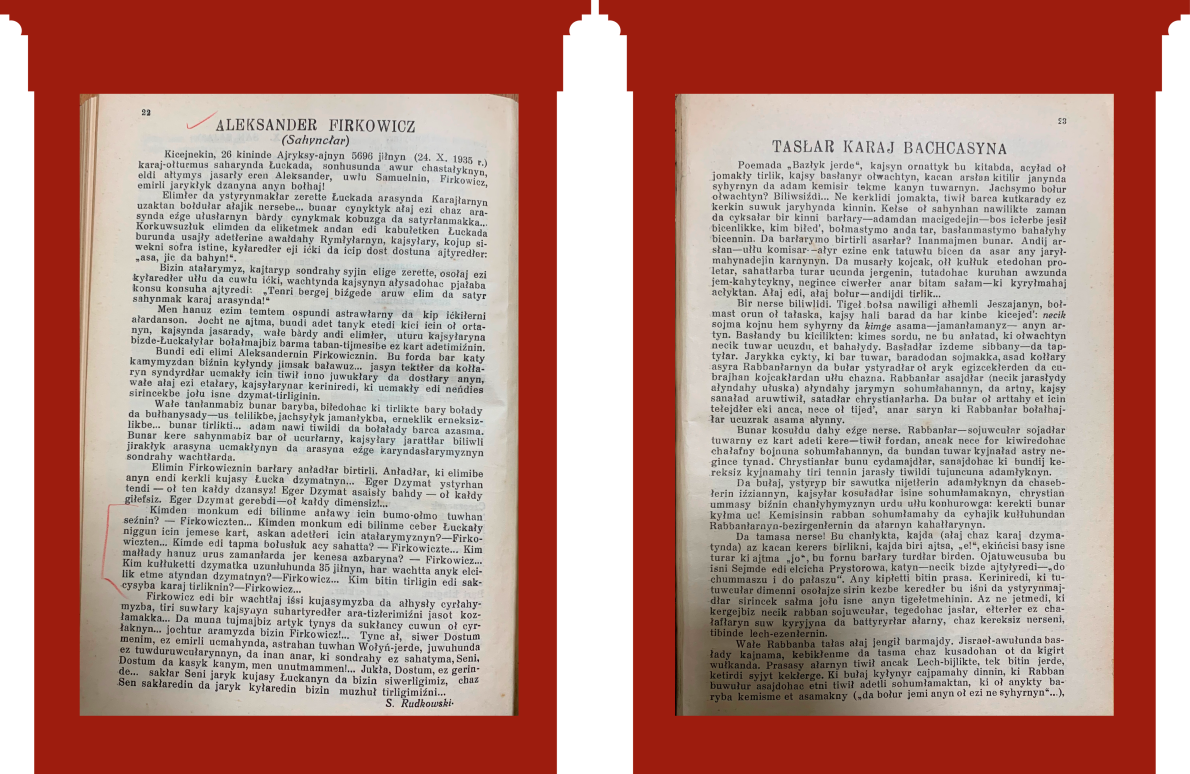 С. 22: Стаття Сергія Рудковського про Олександра Фірковича. С. 23: Tasłar karaj bachcasyna — «Камені для караїмського саду».