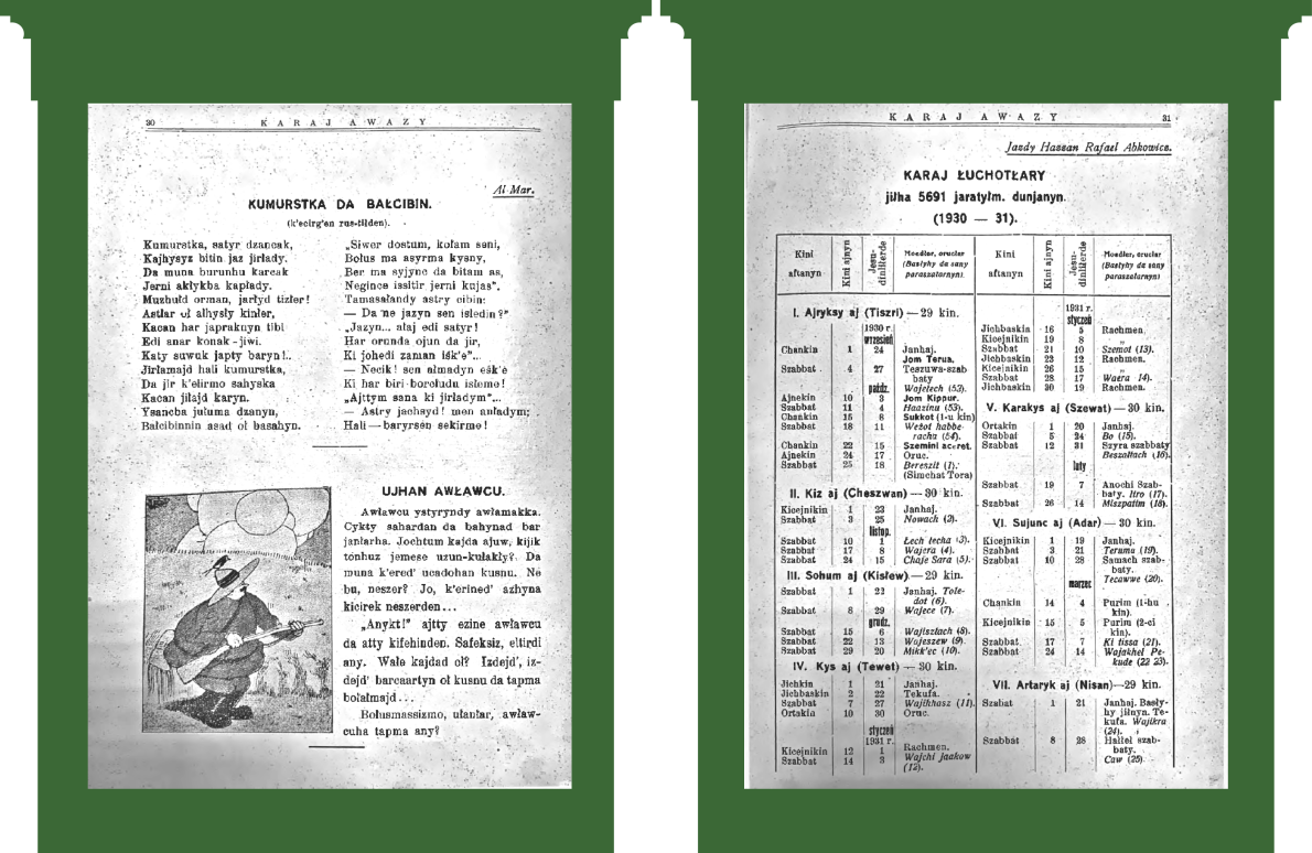 С. 30: Вірші Мардковича. Байка «Мисливець». С. 31: Караїмський календар 5691 року (1930 — 1931 рр.).