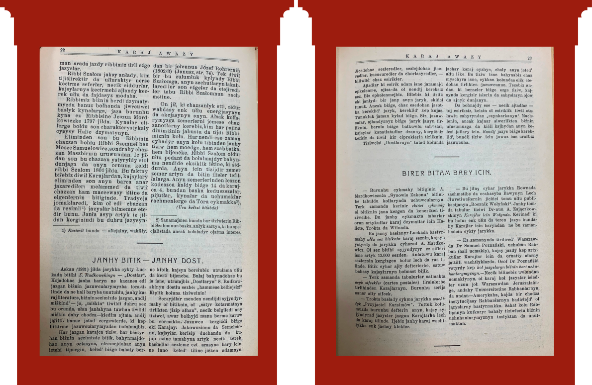 С. 22-23: Анотація на нову книгу Сергія Рудковського «Друзі», що вийшла караїмською мовою у 1931 році. С. 23: Список інших нових видань караїмською мовою.