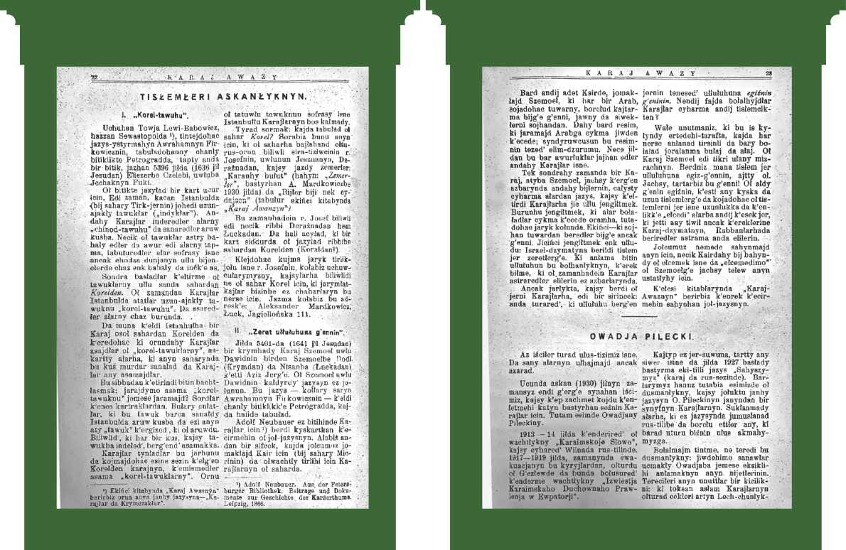 С. 22-23: «Дослідження спадщини» (перекази і рукописи). С. 23: Стаття-некролог про Овадю Пілецького, який був активним діячем караїмської спільноти у міжвоєнний період.