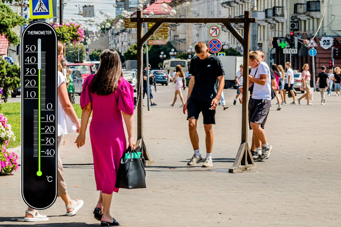 На поверхні мокрої бруківки під таким душем фіксуємо 35°C, коли суха бруківка за кілька метрів нагрівається вже до 45°C і більше.