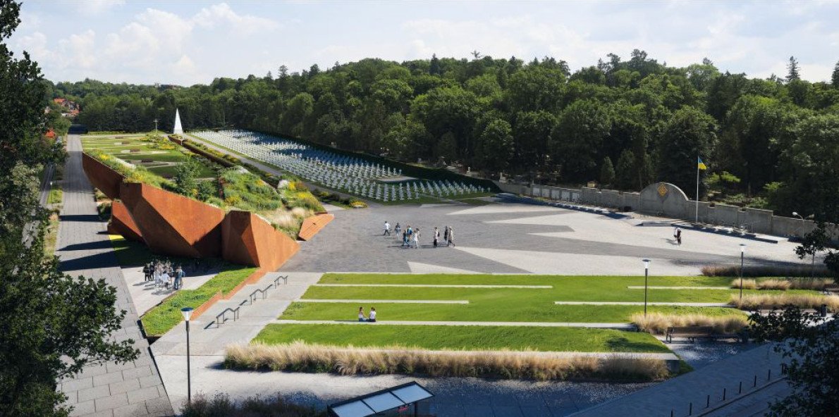 Перший варіант візуалізації проєкту меморіалу у Львові з монументом, що нагадував людям вибух (ліворуч).