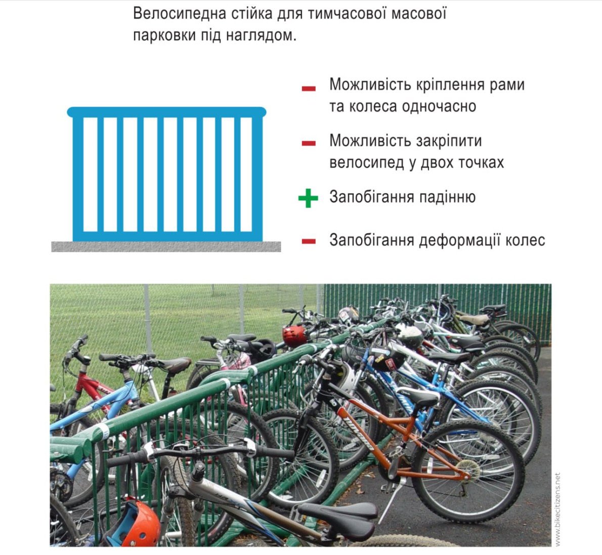 Посібник з облаштування велопарковок.
https://www.kyivbikecity.org/