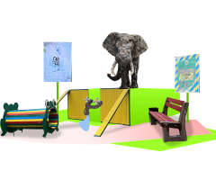 лавки, малюнок слона, таблички