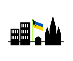 Ілюстрація: чорні силуети будинків, по середині Прапор України із чорною стрічкою на салатовому жезлі.