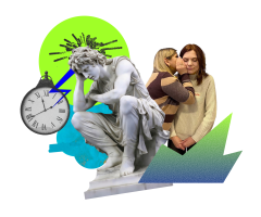 Антична зажурена скульптура з годинником та двома жінками, що перешіптуються.