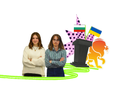Колаж: двоє дівчат ліворуч, трибуна з прапорами Болгарії та України, рожева зірка, оранжевий лев праворуч.