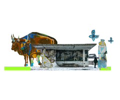 Колаж мозаїчна зупинка у центрі та елементи панно навколо: бик, заєць, метелики та дівчина.