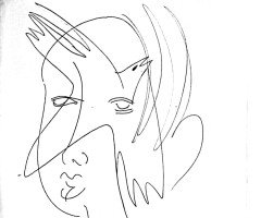 Обличчя з птахами та фігурами людей намальовані олівцем на білому тлі.