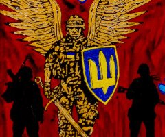 Картина: на червоному тлі - карта України з військовими наволлом та Ісусом Христом в центрі