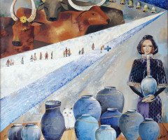 Картина у блакитно холодних тонах із зображенням сцени Водохреща: молода жінка у зимовому вбранні біля чорних глеків, воли, дзвоони та черга людей з відрами до хрестовидної ополонки у річці.