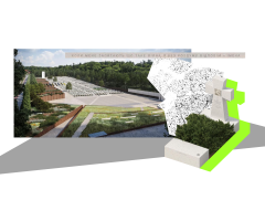 Ілюстрація-колаж, меморіальний комплекс з кладовищем ліворуч, та окрема надмогильна споруда у вигляді білого козацького хреста праворуч, обведена салатовим кольором.