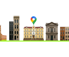 Ілюстрація: будиночки на зеленій лінії, над середнім знак Google Maps.