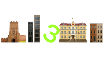 На ілюстрації будівлі офісів, Луцької міської ради, луцького замку і цифра 3.