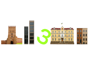 На ілюстрації будівлі офісів, Луцької міської ради, луцького замку і цифра 3.