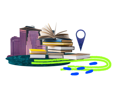 книги, знак локації, колаж