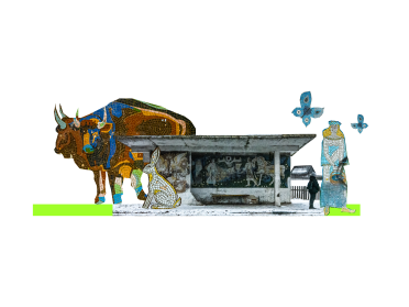 Колаж мозаїчна зупинка у центрі та елементи панно навколо: бик, заєць, метелики та дівчина.