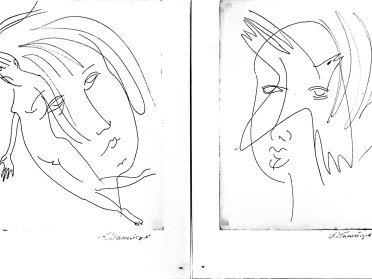 Обличчя з птахами та фігурами людей намальовані олівцем на білому тлі.