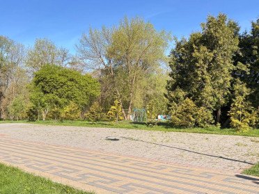 Викладений бруківкою майданчик у парку.