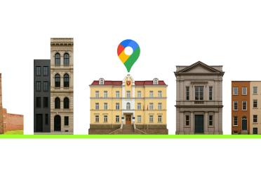 Ілюстрація: будиночки на зеленій лінії, над середнім знак Google Maps.