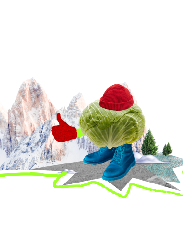 образ капусти в одязі на фоні гір