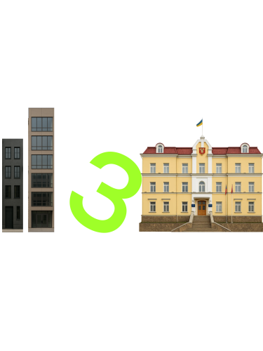 На ілюстрації будівлі офісів, Луцької міської ради, луцького замку і цифра 3.