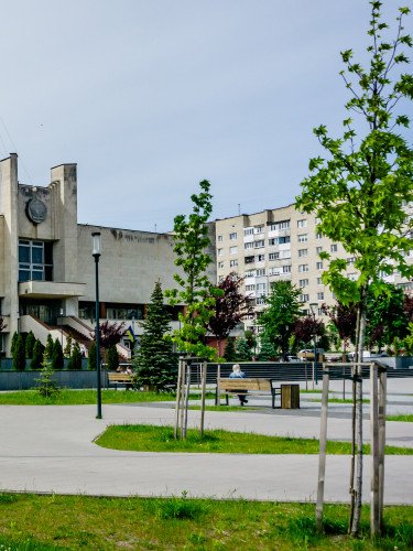 сквер з лавками і деревами у Луцьку