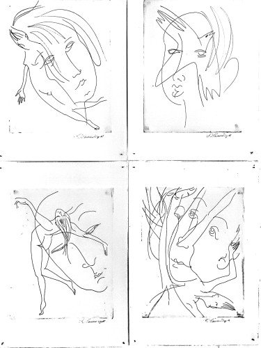 Обличчя з птахами та фігурами людей намальовані олівцем на білому тлі.