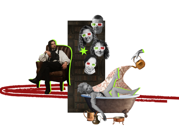 Четверо людей в кіно-окулярах спостерігають за жінкою у ванній та чоловіком у антикварному кріслі.