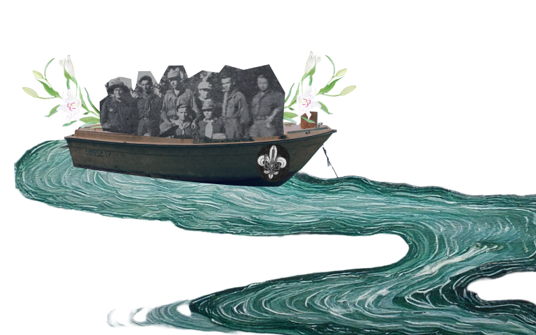 Ілюстрація, колаж: на човні пластуни пливуть річкою, обрамлені квітами лілії.