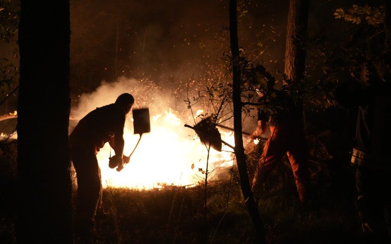 Ніч, два чоловіка гасять пожежу у лісі серед дерев.