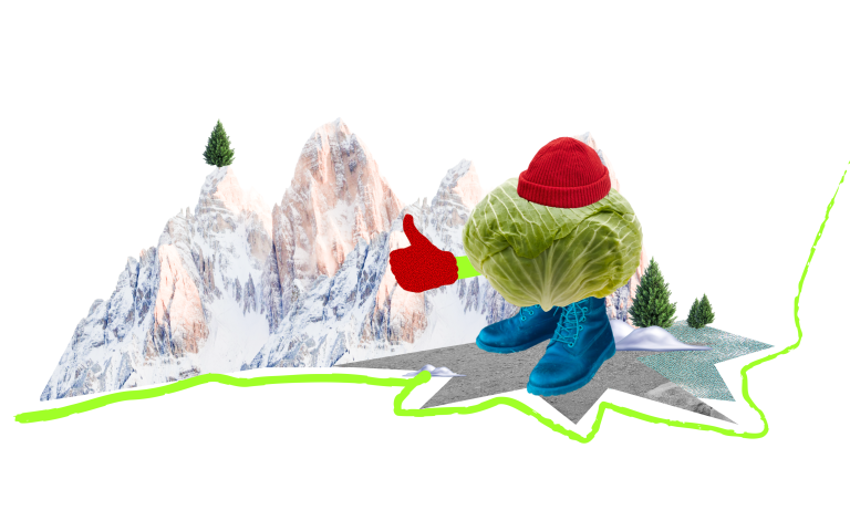 образ капусти в одязі на фоні гір