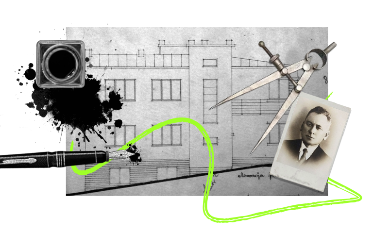 Колаж з Сергієм Тимошенко та кресленням будинку