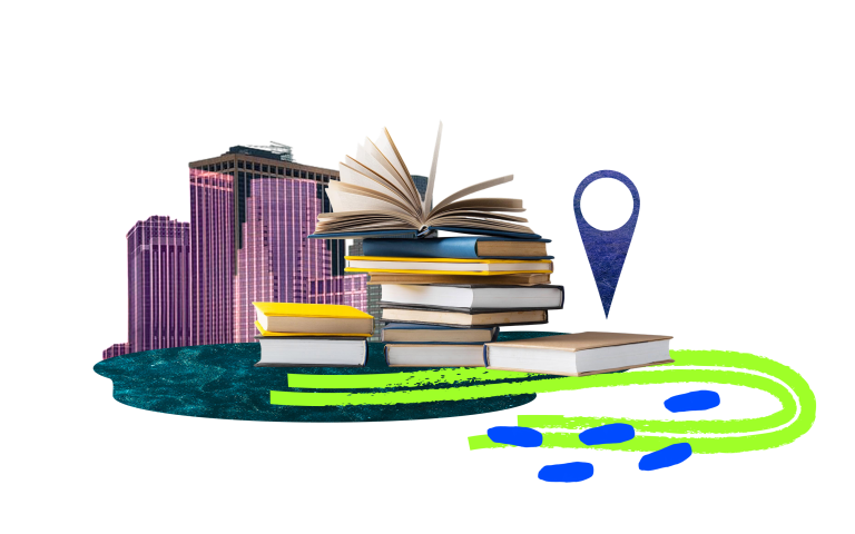 книги, знак локації, колаж