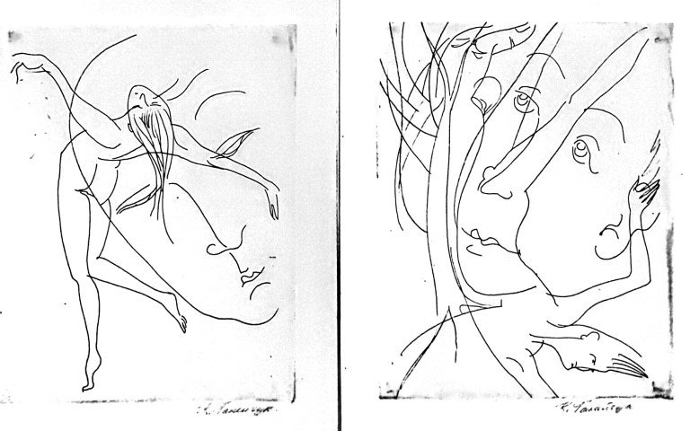 Обличчя з птахами та фігурами людей намальовані олівцем на білому тлі.