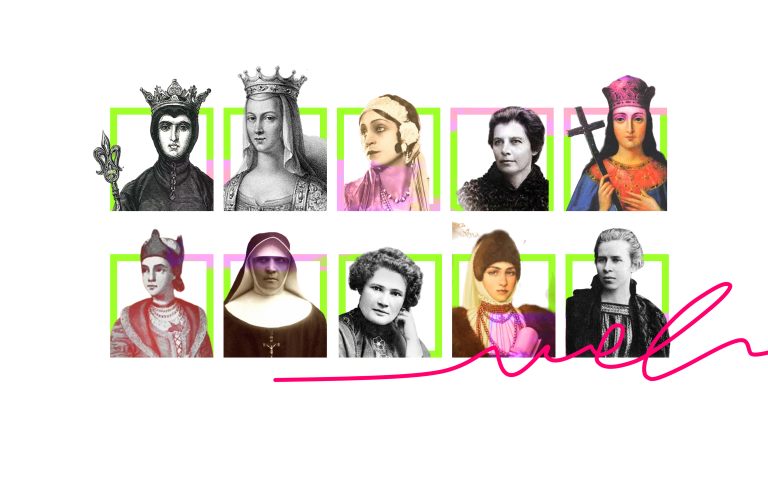 Вісім жіночих портретів різних історичних періодів.