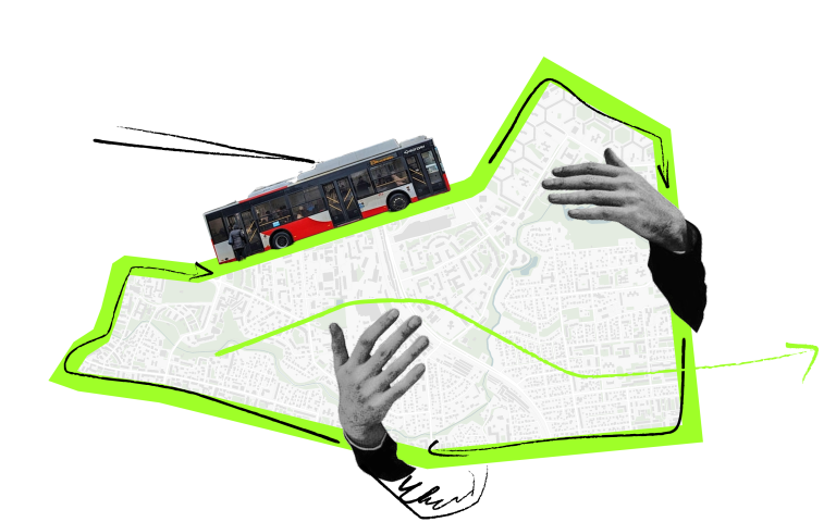 Колаж із серцем, по якому рухається тролейбус.