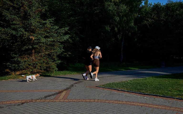 дві дівчини біжать у парку