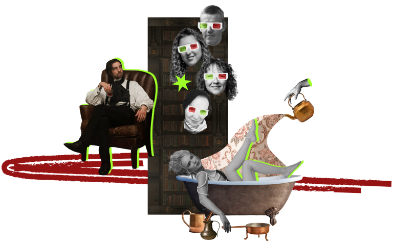 Четверо людей в кіно-окулярах спостерігають за жінкою у ванній та чоловіком у антикварному кріслі.