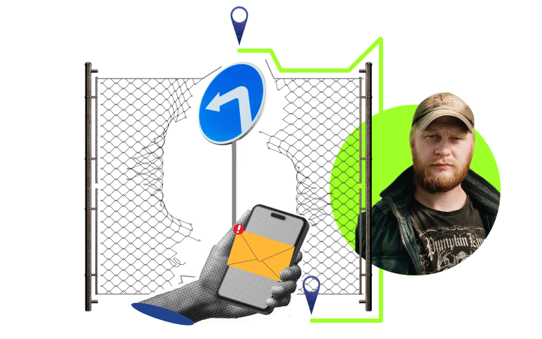 Портрет чоловіка у бейсболці на тлі мобільного телефону, зламаного паркану та дорожнього знаку.