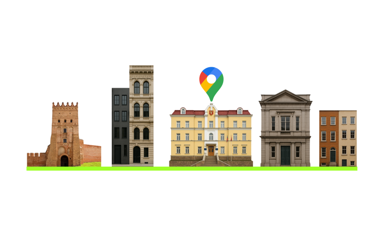 Ілюстрація: будиночки на зеленій лінії, над середнім знак Google Maps.